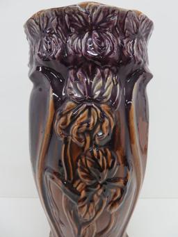 Iris Majolica style glaze umbrella stand, purple, 19 1/2", attributed to Weller