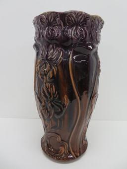 Iris Majolica style glaze umbrella stand, purple, 19 1/2", attributed to Weller