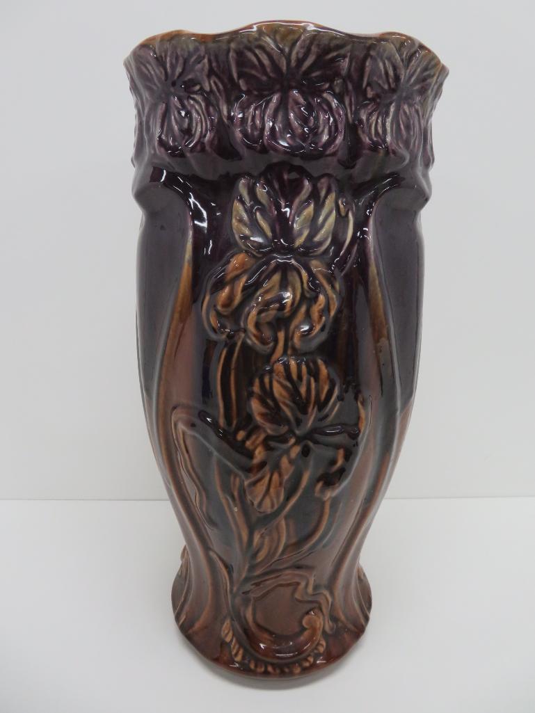 Iris Majolica style glaze umbrella stand, purple, 19 1/2", attributed to Weller