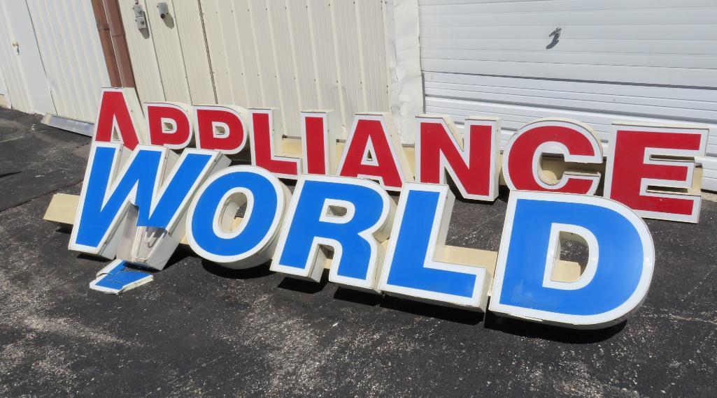 Large Appliance World sign, 12' long World and 16' 3" Appliance