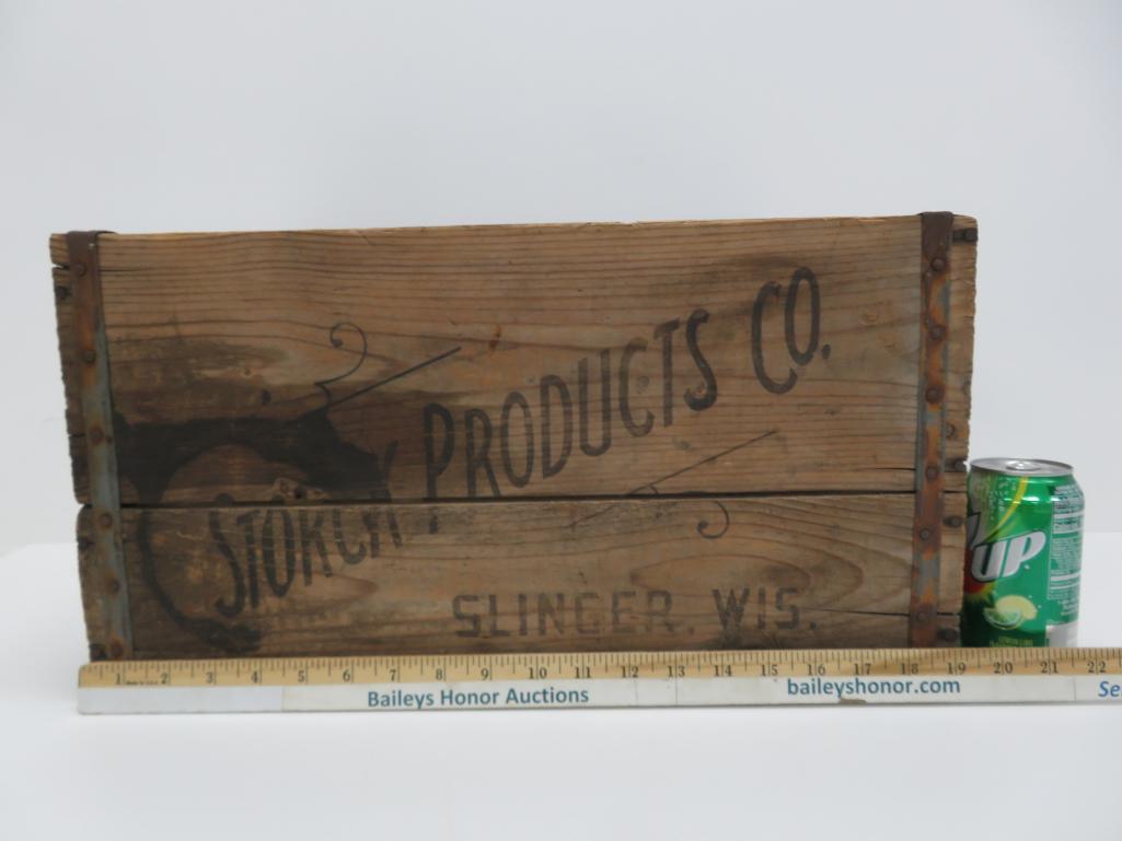 Wooden beer crate, Storck Products Co Slinger Wis, 12" x 20"