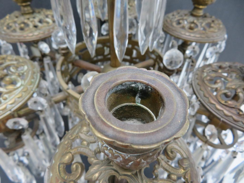 7 candle brass candelabra, very ornate 25" tall, about 150 prisms