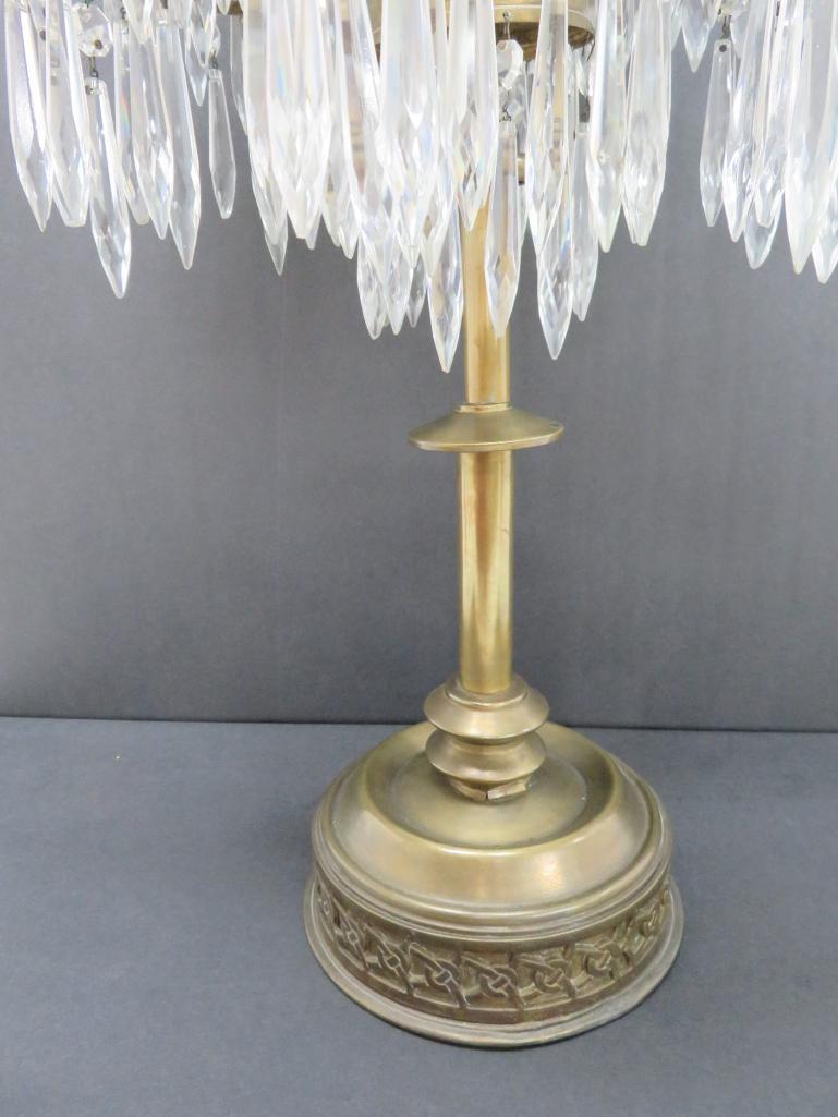 7 candle brass candelabra, very ornate 25" tall, about 150 prisms