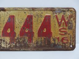 1916 Wisconsin dealer license plate, red and cream, 12 1/2"