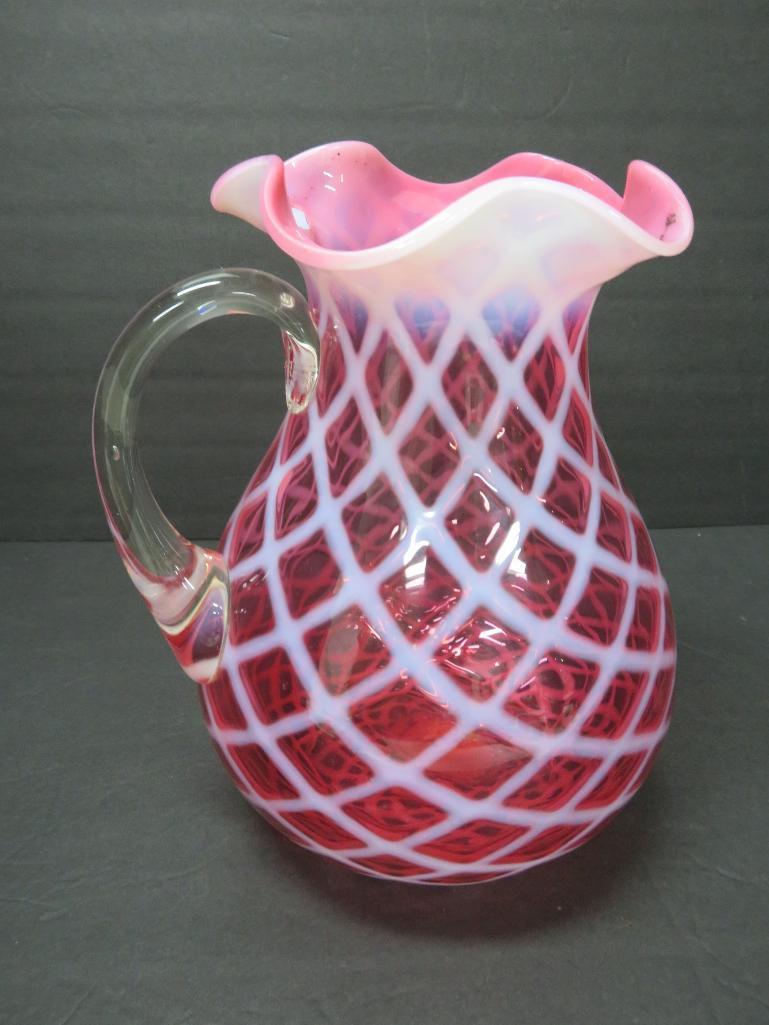 Cranberry diamond quilted fluted top pitcher, 9"