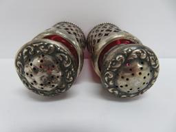 Cranberry salt and pepper shakers with sterling overlay, 3"