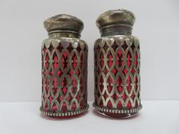 Cranberry salt and pepper shakers with sterling overlay, 3"