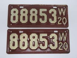 Matched pair 1920 Wisconsin License Plate, 12 1/2"