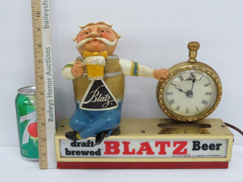 Blatz barrel man clock and lighted sign, working, 11"