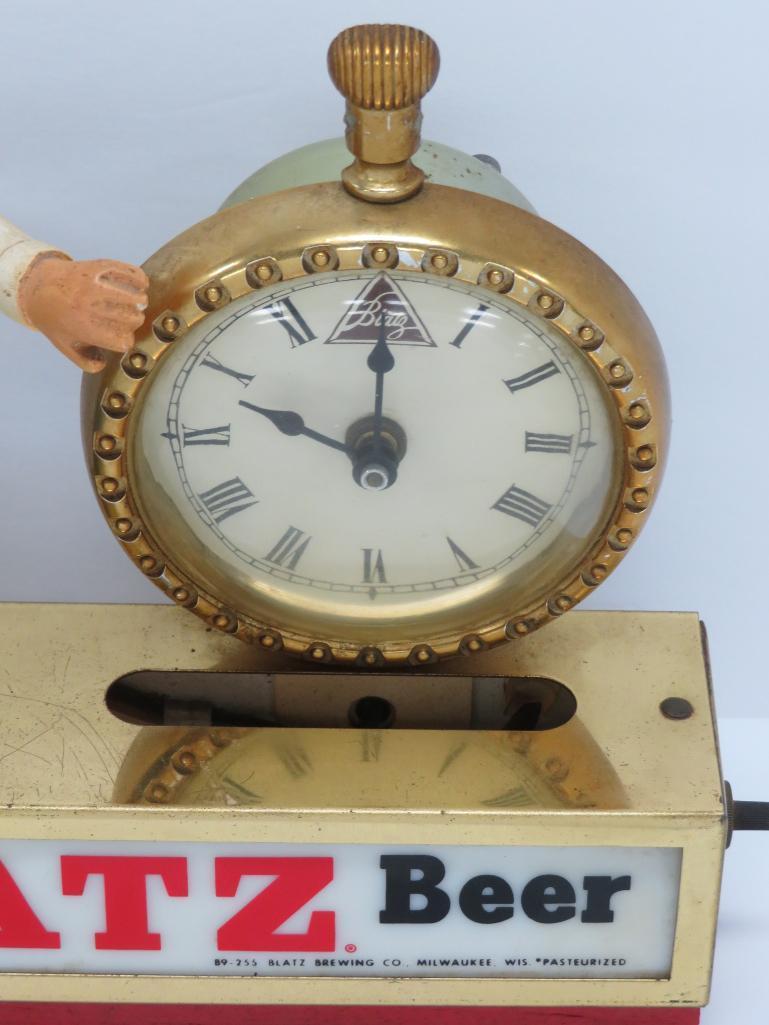 Blatz barrel man clock and lighted sign, working, 11"