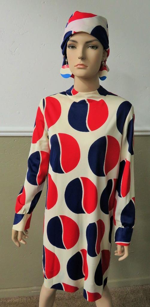 Vintage 1960's Pepsi Logo Mini dress with earrings and head scarf, Edie Gladstone