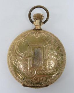 Elgin Imperial pocket watch, dust cover marked 14k, 7 jewels, lovely ornate case, 1 3/4"