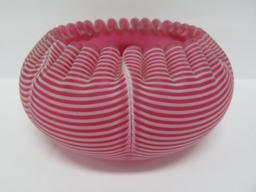 Fabulous cranberry glass bowl, pink striped ribbon glass top, 2 1/2" tall and 5" diameter