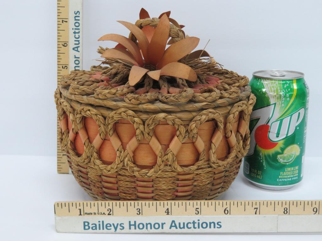 New England antique covered basket, wooden flowers and ribbon, 8"