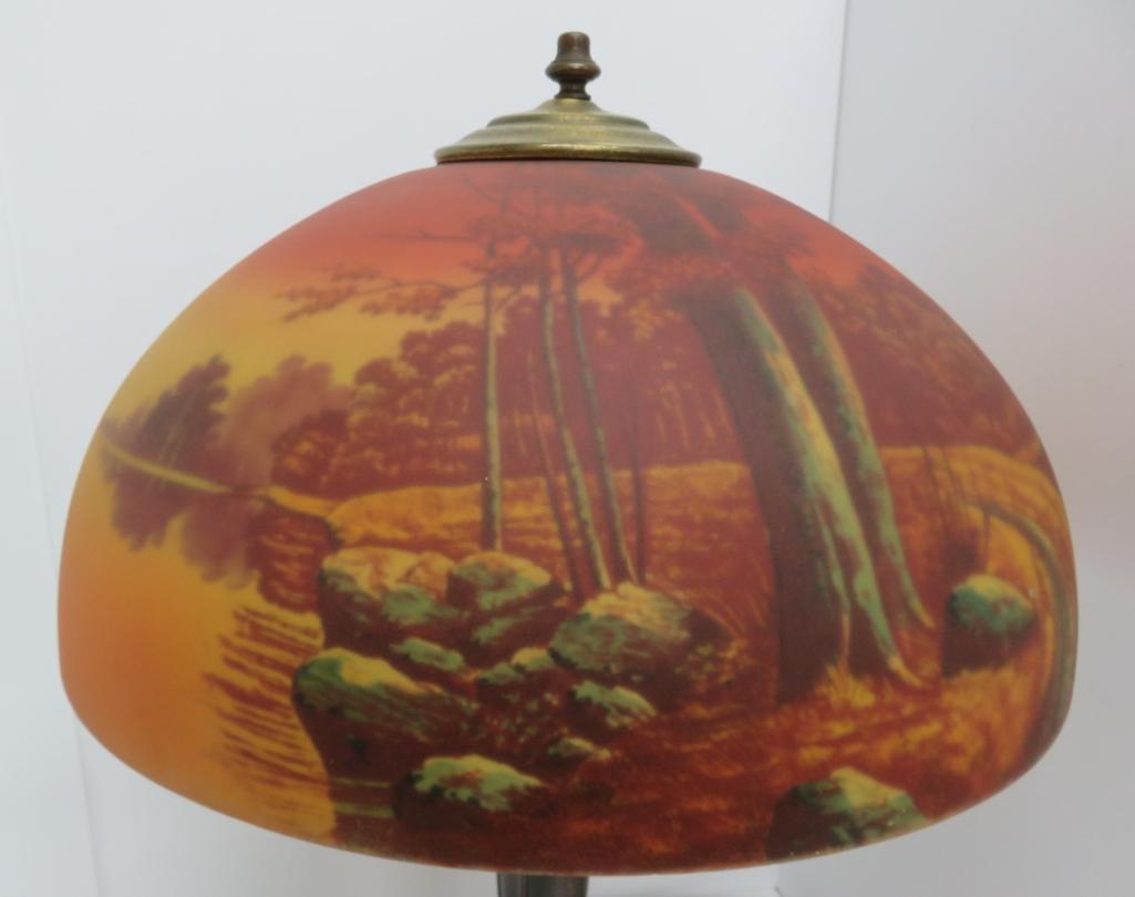 Fantastic reverse painted table lamp, unmarked possible Phoenix