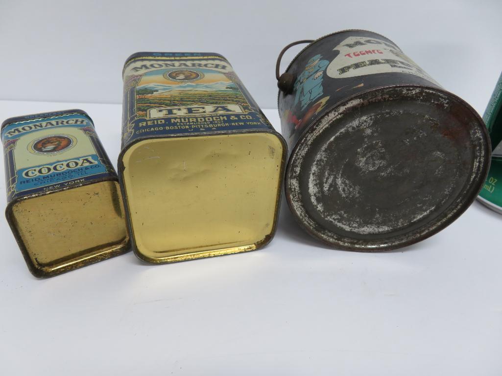 Three vintage Monarch tins, Tea, Cocoa and Peanut Butter, 3" to 4 1/2"