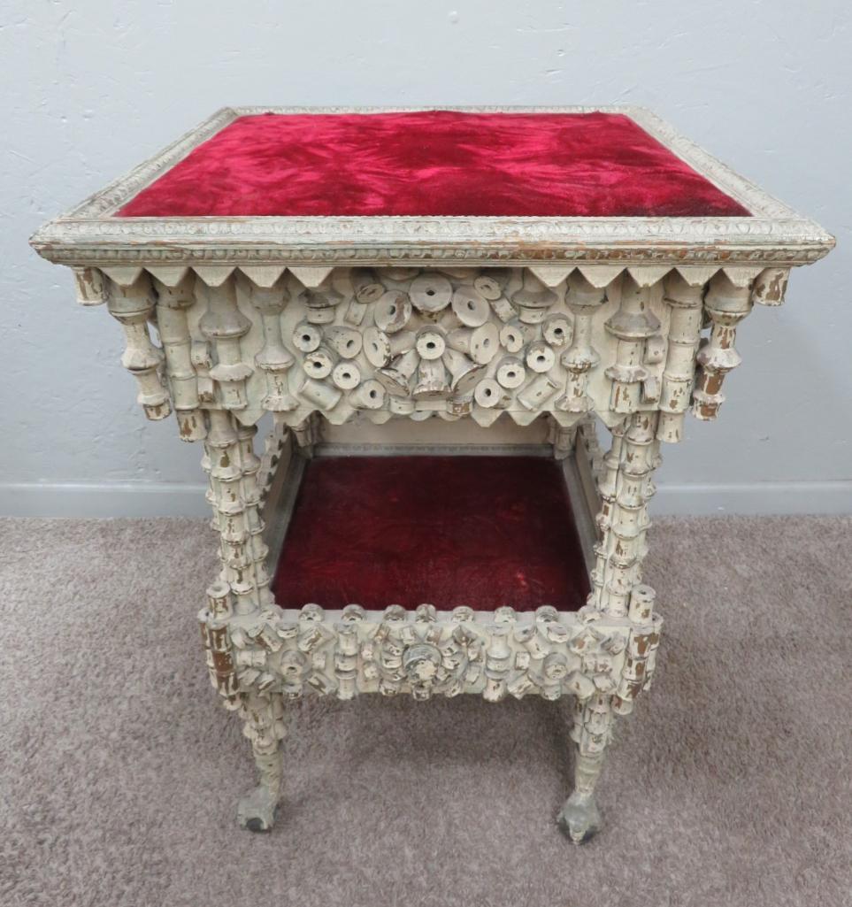 Very Nice Folk Art spool table, Tramp art table, 31" tall, top is 23" square, ball and claw feet