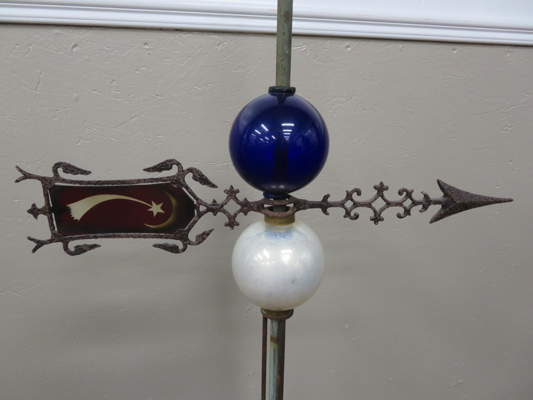 Lightning rod with shooting star and moon arrow, and two lightning rod balls, 56" tall