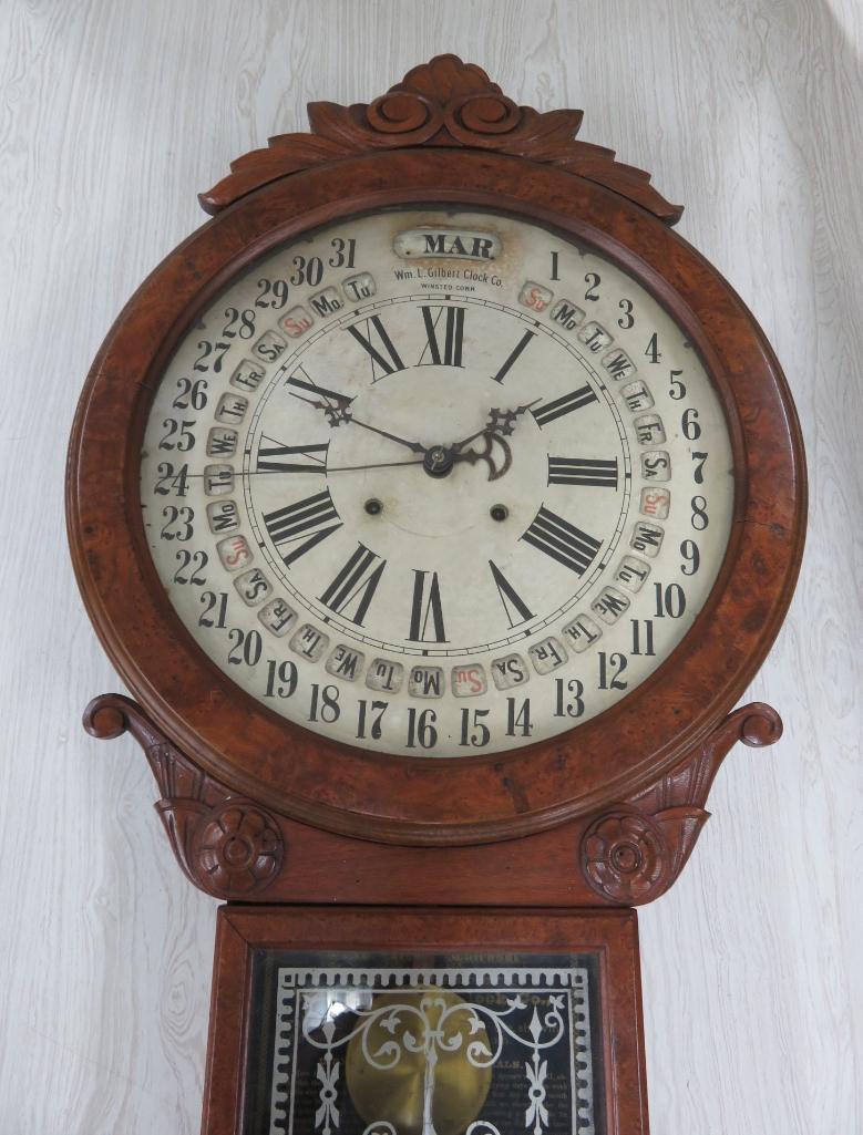 Fantastic Gilbert Maranville Office Drop Calendar Clock, working, 34" tall