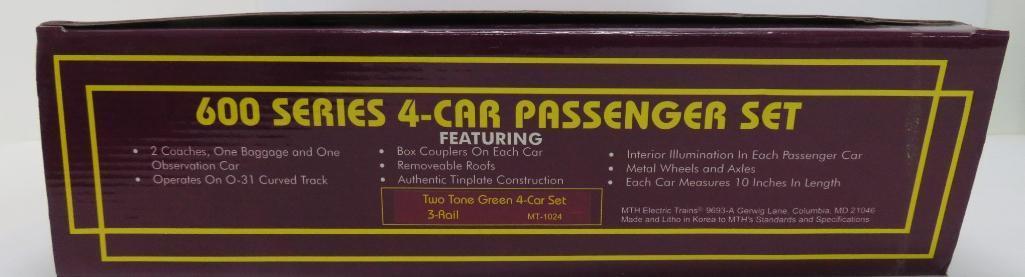 MTH Electric Train 600 Series 4-car passenger set, two tone green 3 rail, with box