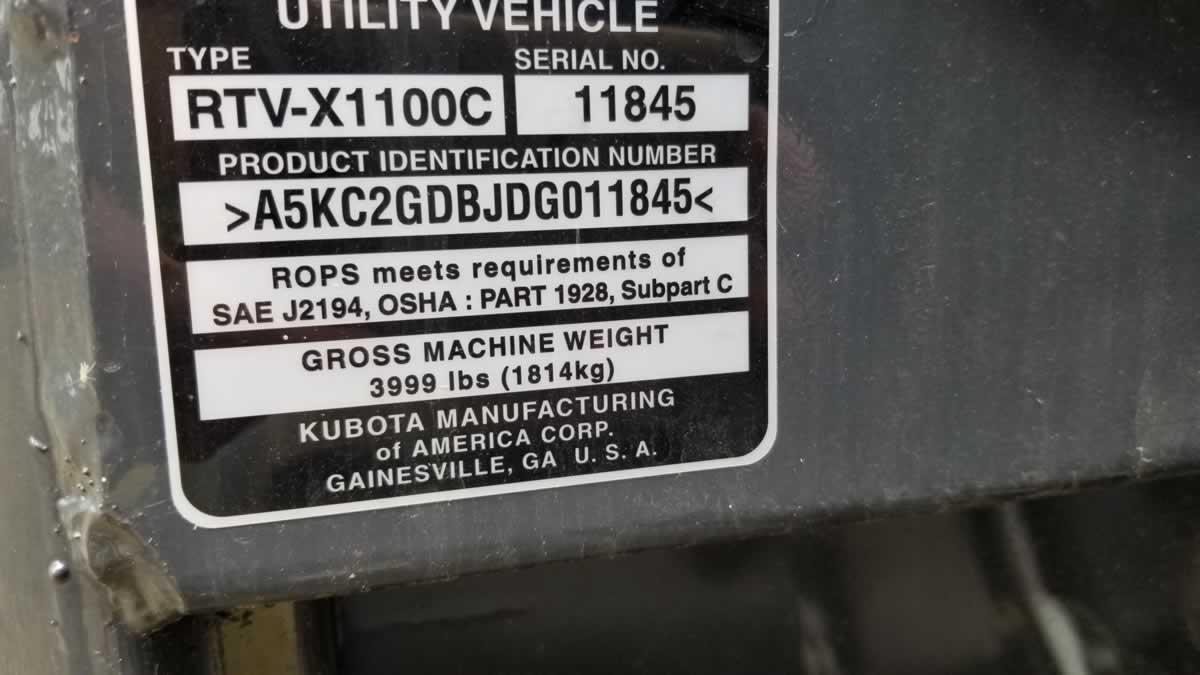 Kubota RTV-X1100C 4WD Utility Vehicle, s/n 15KC2GDBJDG011845: Encl. Cab, A/