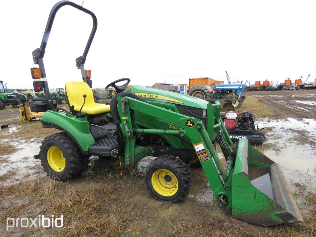 John Deere 1023E MFWD Tractor, s/n 1LV1023EAHJ109067: Loader w/ Bkt., 1230