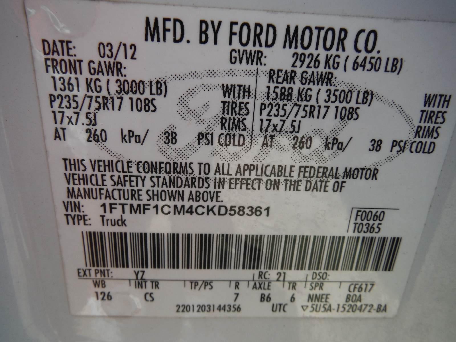 2012 Ford F150 Pickup, s/n 1FTMF1CM4CKD58361: Ext. Cab, Auto, Tool Box, Odo