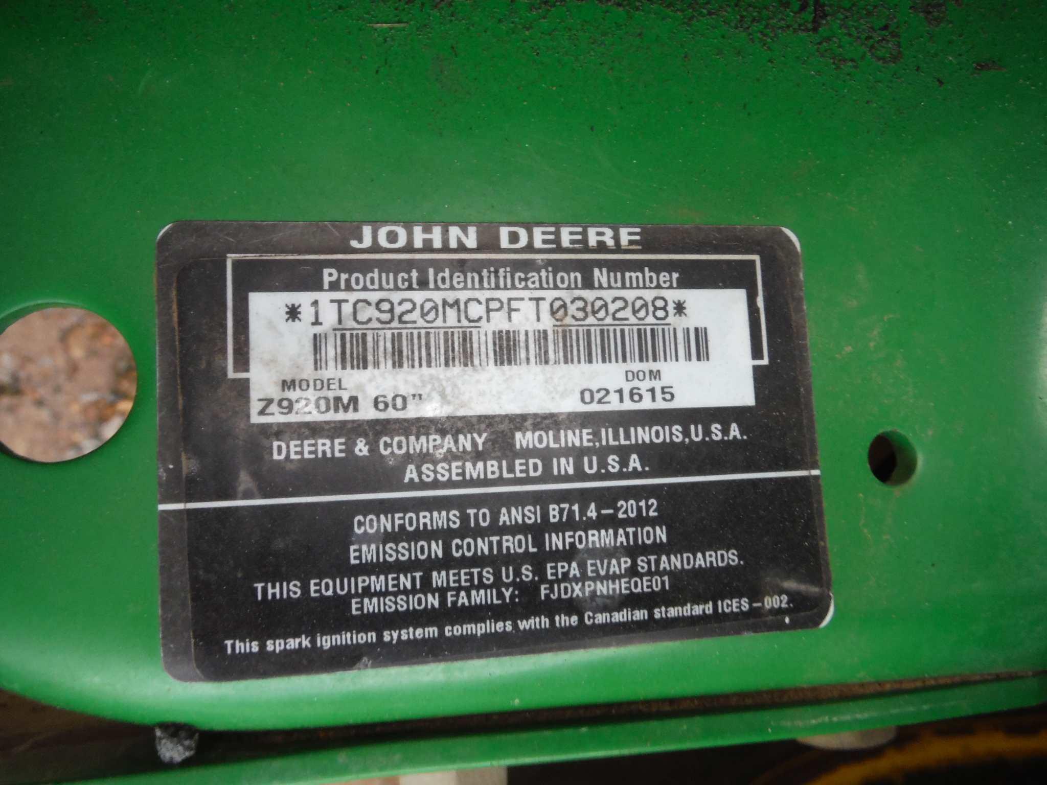 John Deere Z920M Zero-turn Mower, s/n 1TC920MCPFT0130208: Meter Shows 3606