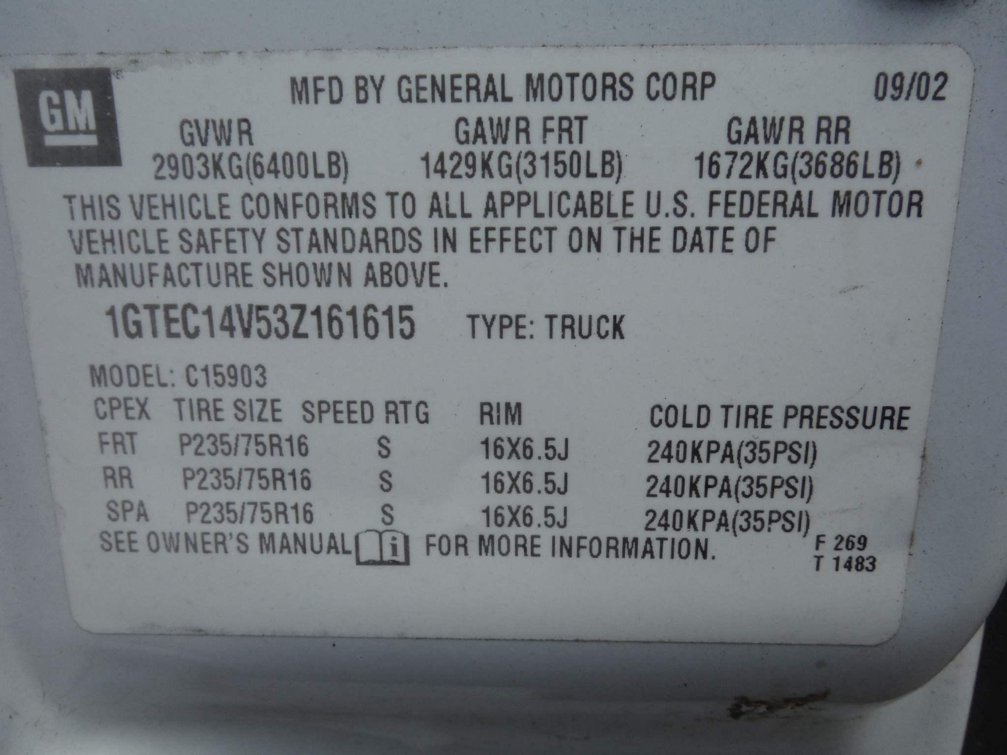 2003 GMC Sierra Pickup, s/n 1GTEC14V53Z161615 (Inoperable): 2wd, Auto, LWB,