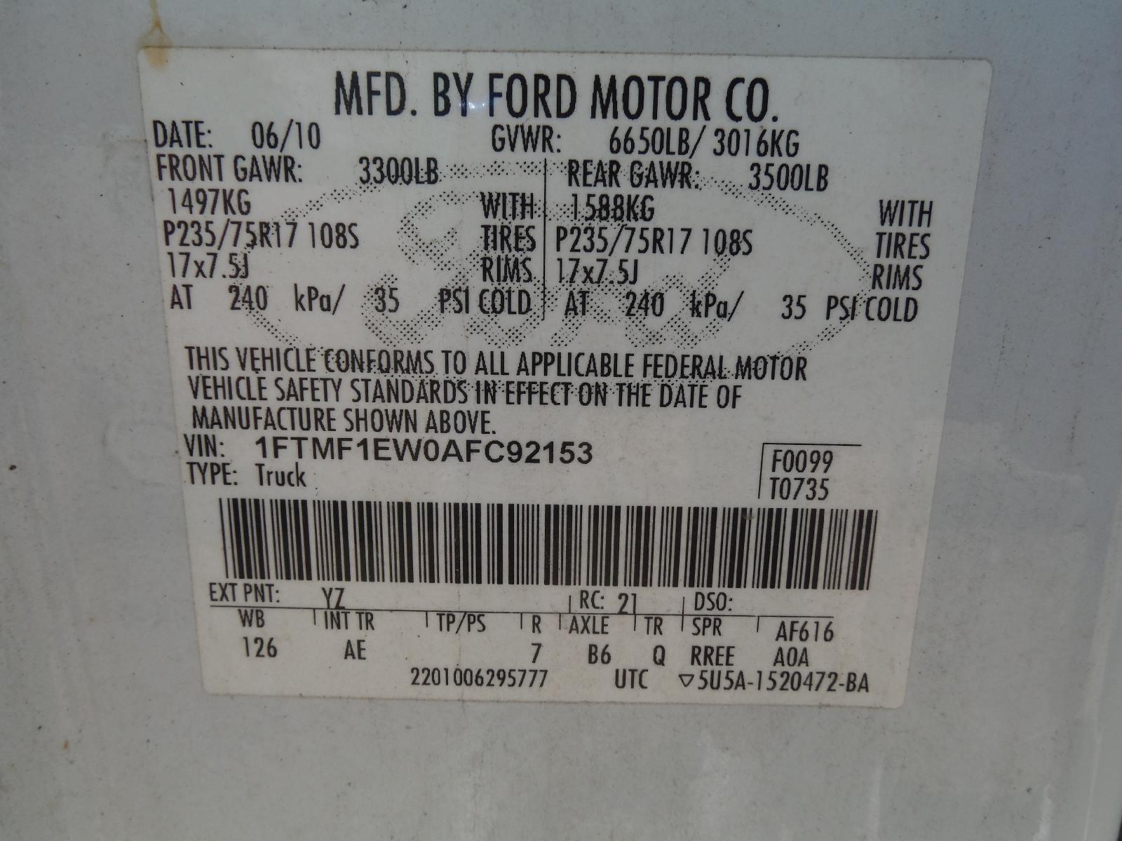 2010 Ford F150 4WD Pickup, s/n 1FTMF1EW0AFC92153 (Inoperable): Reg. Cab, Au