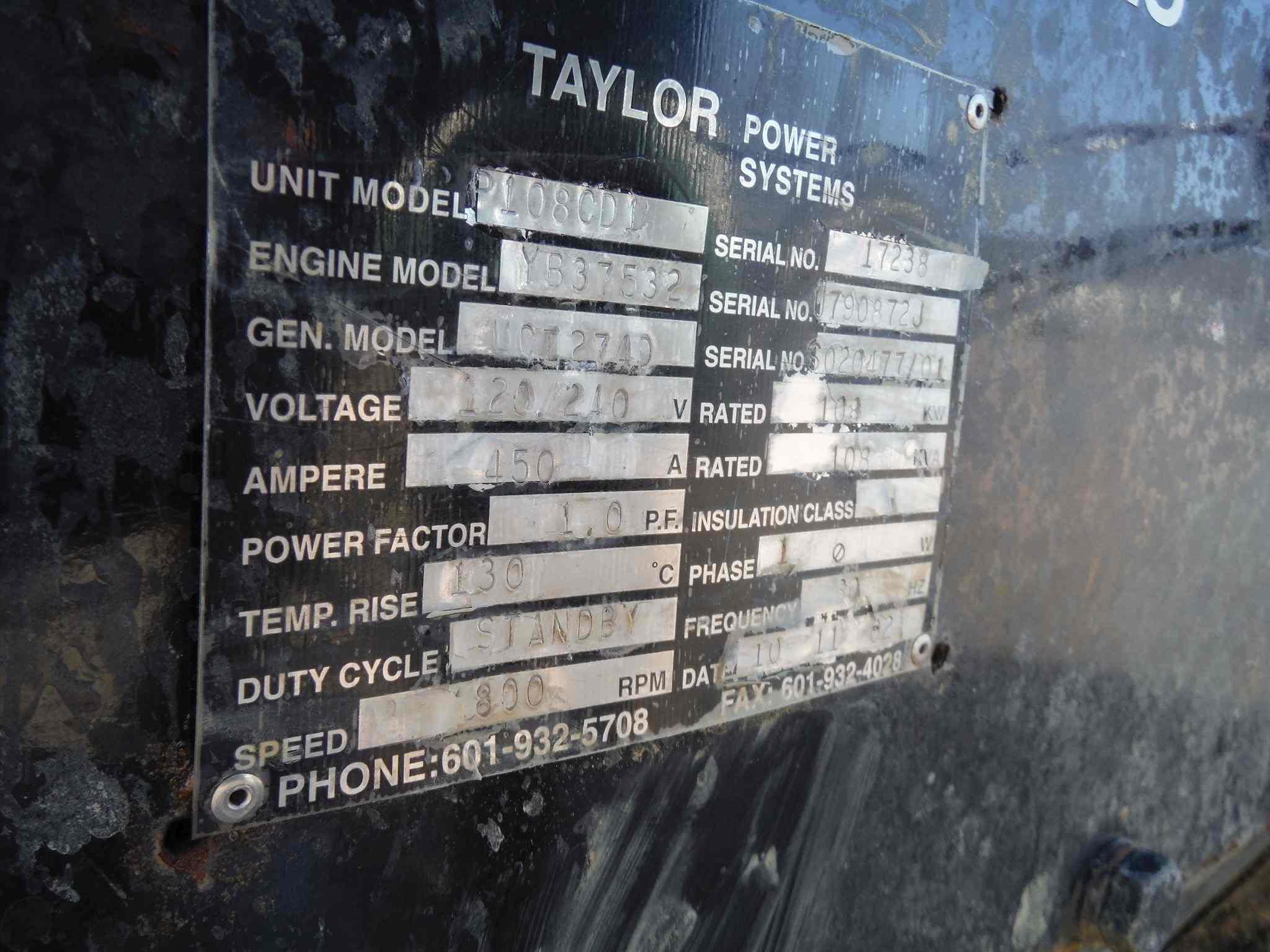 Taylor 108KW Generator, s/n 17238: Model P108CD1, Single Phase, Perkins 6-c