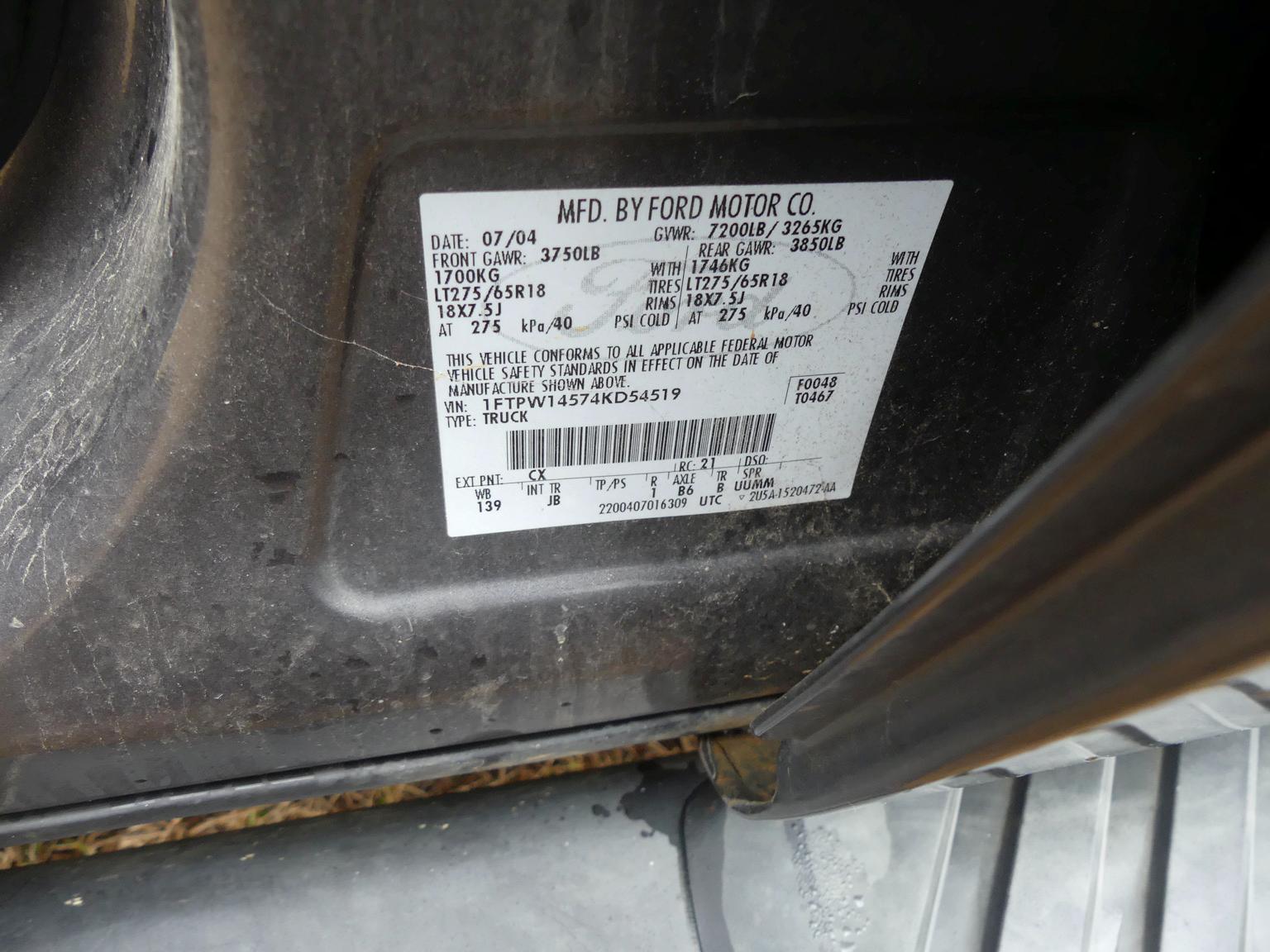 2004 Ford F150 Pickup, s/n 1FTPW1457KD54519: Odometer Shows 215K mi.