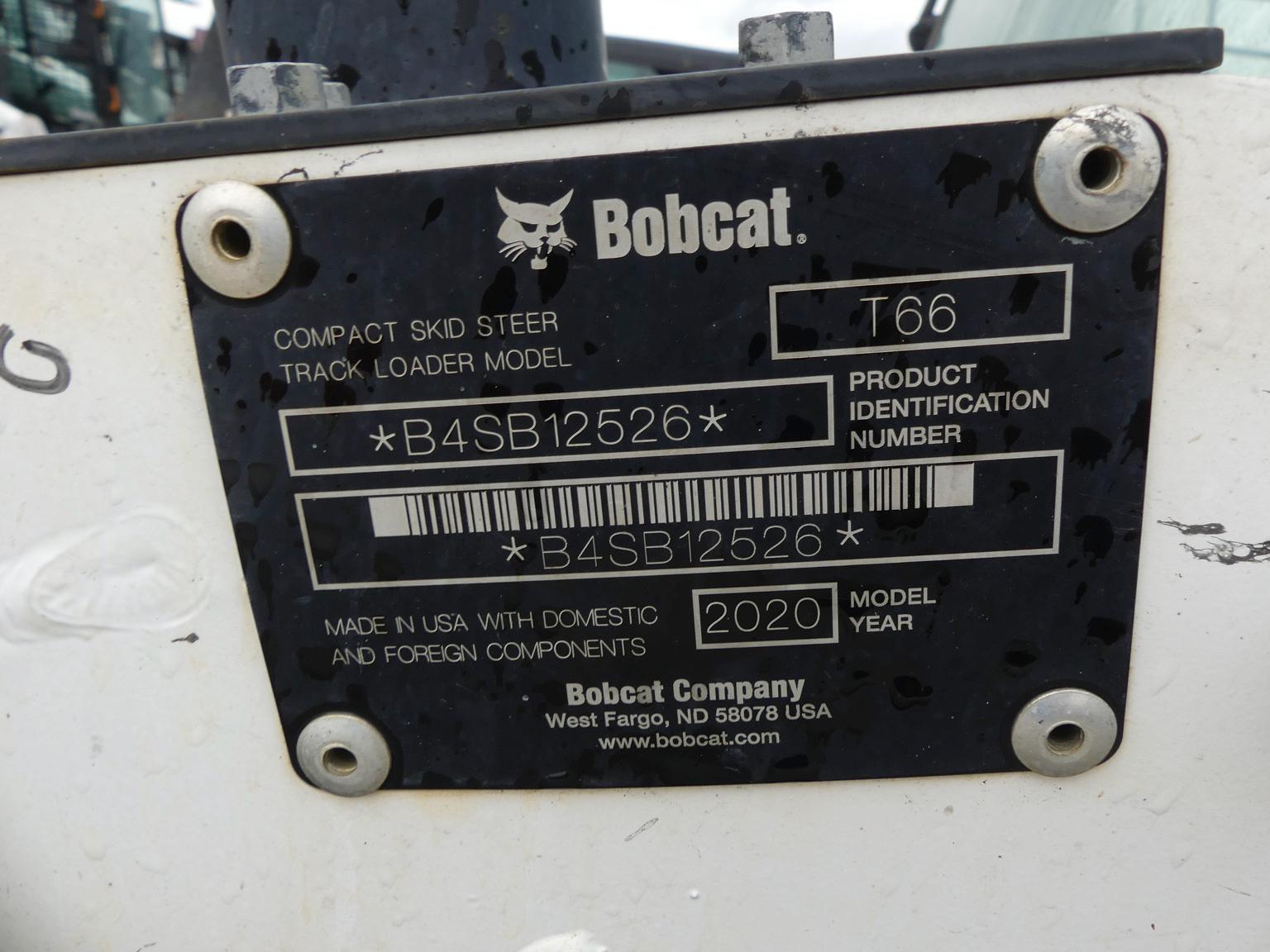 2020 Bobcat T66 Skid Steer, s/n B4SB12526: Rubber Tracks, 68in. Bkt., Meter