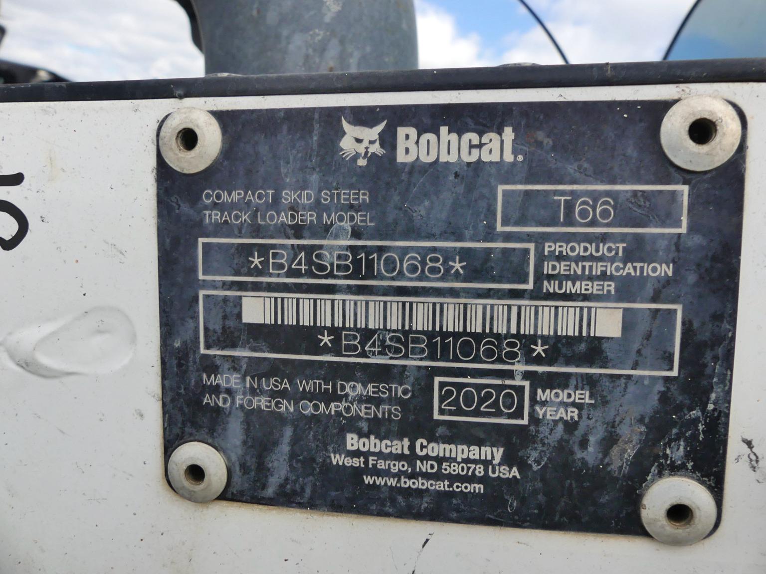 2020 Bobcat T66 Skid Steer, s/n B4SB11068: Rubber Tracks, GP Bkt., Meter Sh