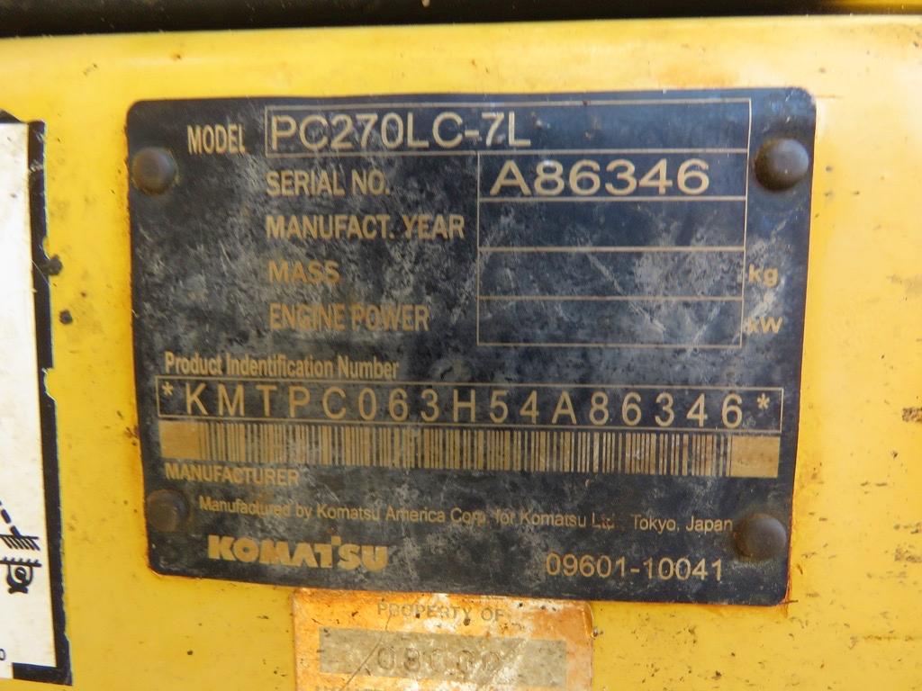 2006 Komatsu PC270LC Excavator, s/n A86346: C/A, Bkt., Meter Shows 10288 hr