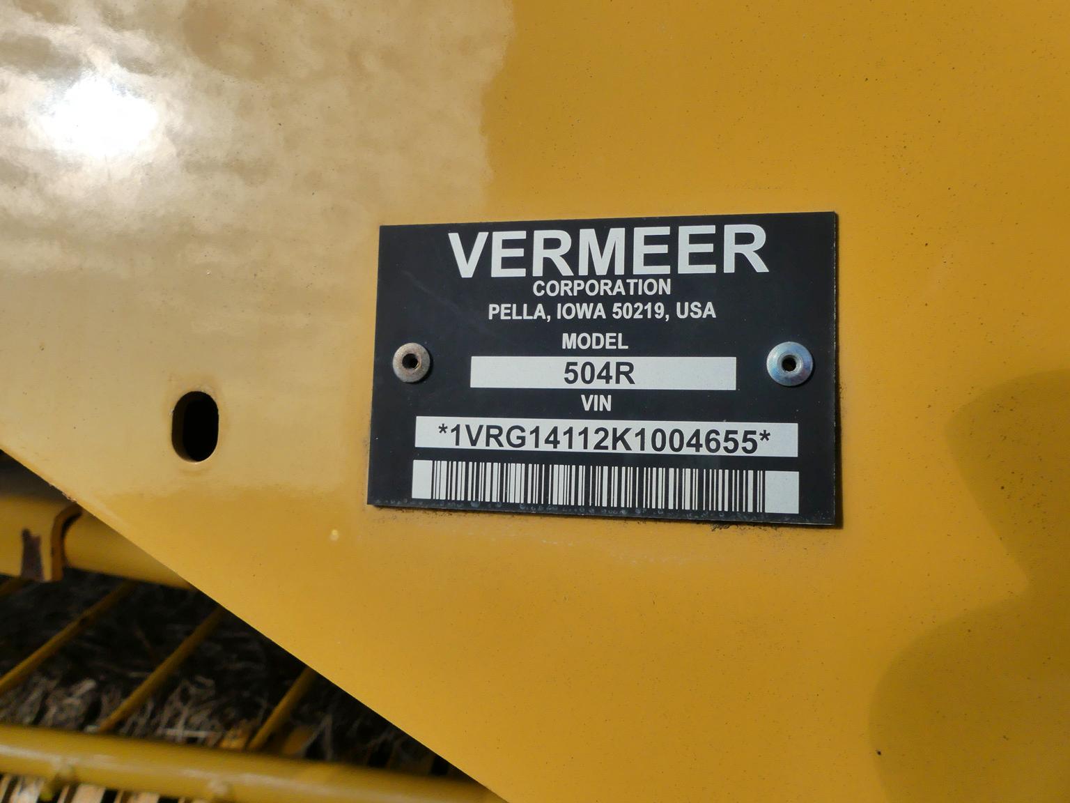 2019 Vermeer 504R Premium Round Baler, s/n 1VRG14112K1004655 w/ Monitor