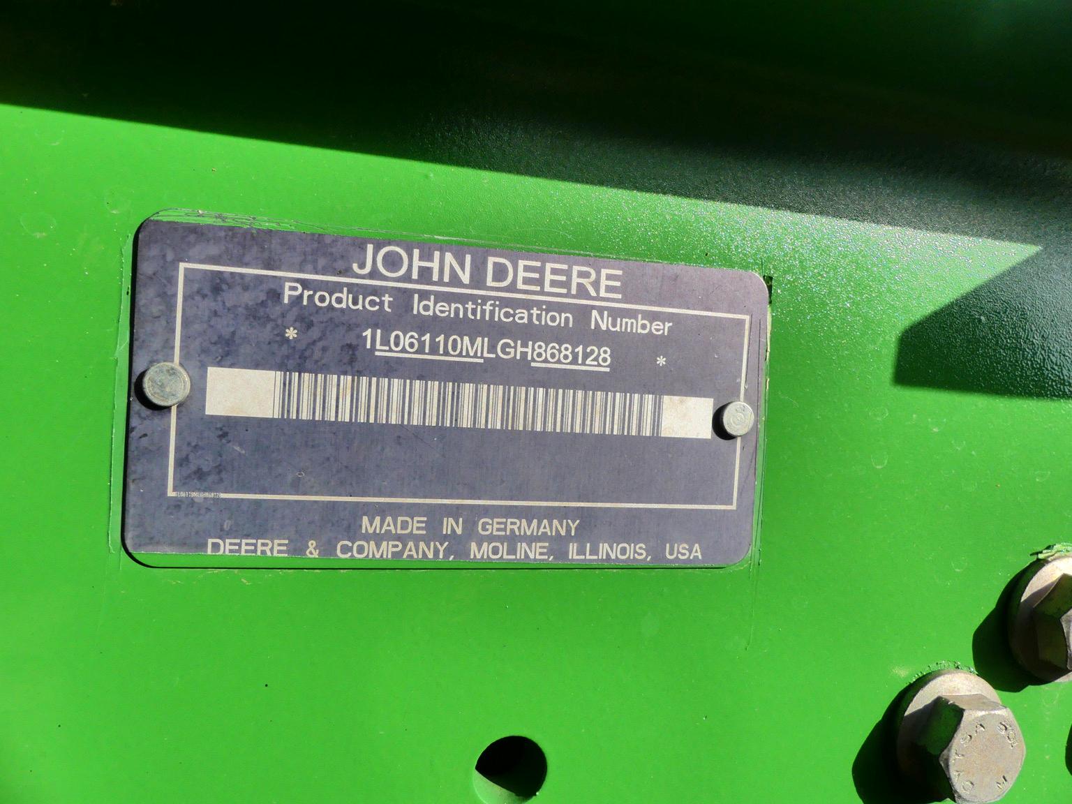 2016 John Deere 6110M MFWD Tractor, s/n 868128: C/A, 3 Hyd Remotes, 18.4-34