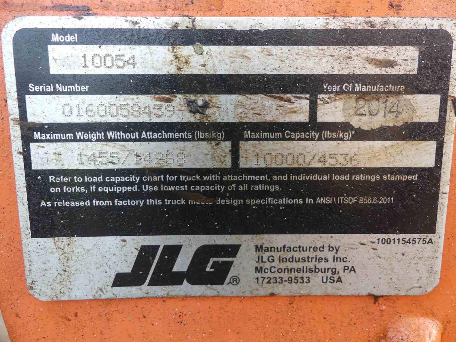 2014 JLG 10054 Telescopic Forklift, s/n 0160058439: Canopy, 10000 lb. Cap.,