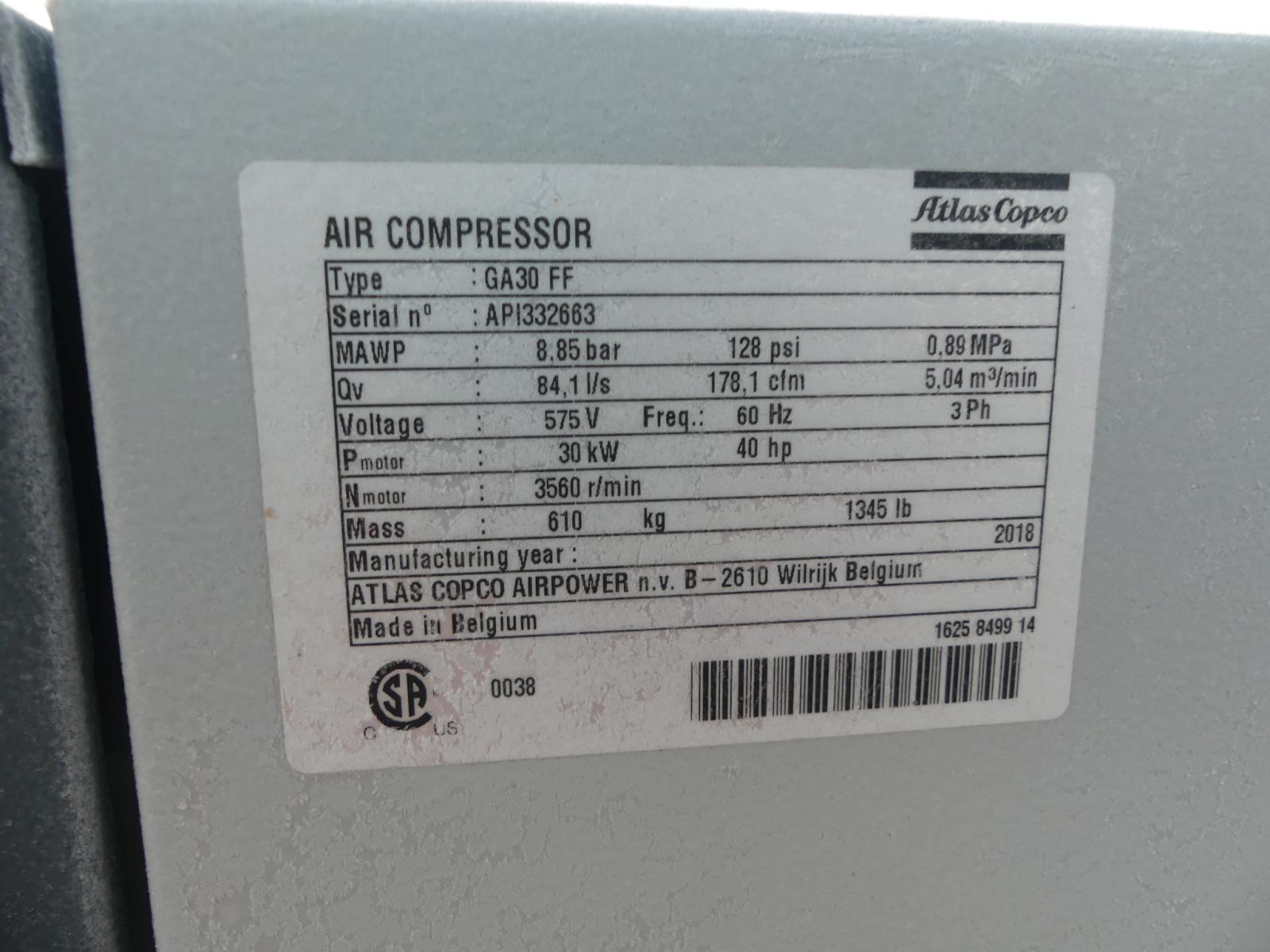 2018 Atlas Copco GA30FF Air Compressor, s/n API332663