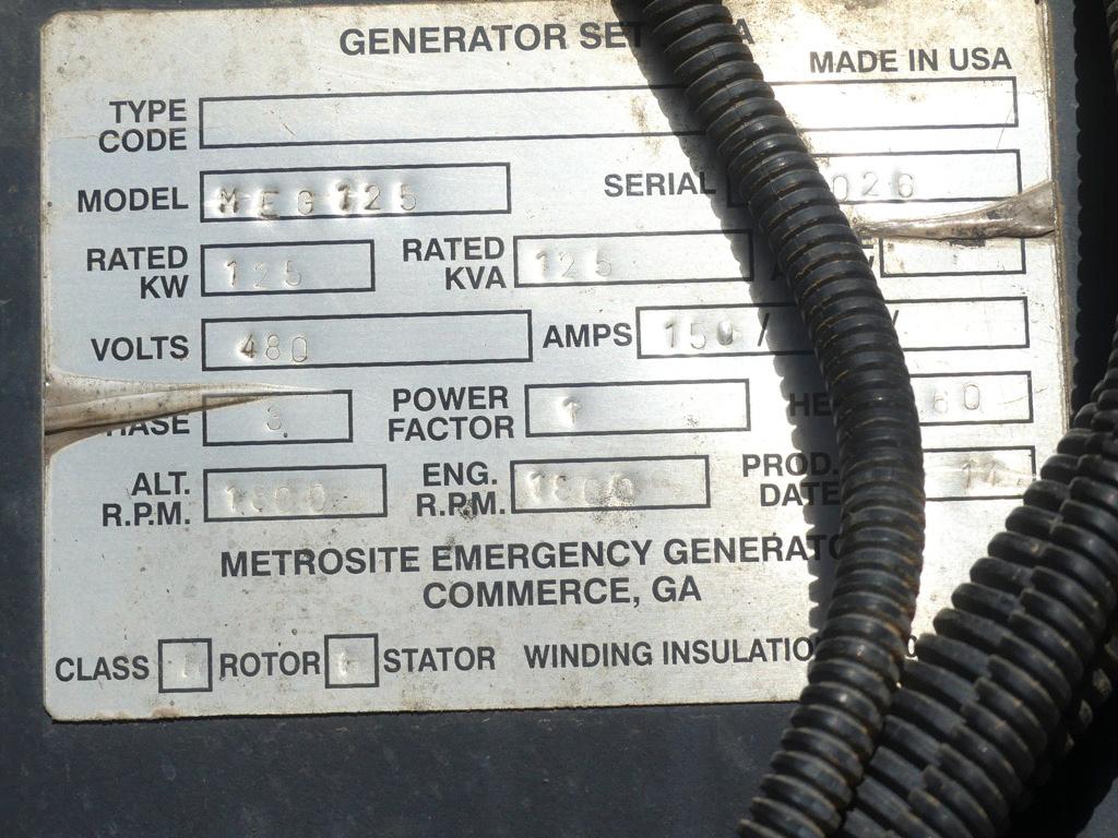 Mecalte 125KW Generator, s/n 100026: Diesel, Portable