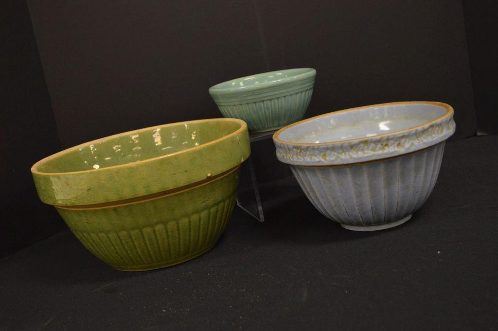 Group Of 3 Crock Bowls Unmarked: Green, Blue And Teal