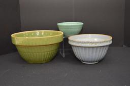 Group Of 3 Crock Bowls Unmarked: Green, Blue And Teal