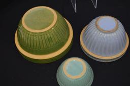 Group Of 3 Crock Bowls Unmarked: Green, Blue And Teal