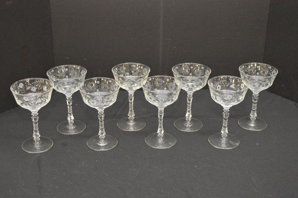 Set Of 8 Unmarked Fostoria Type, Etched Daisy Pattern, Wine Glasses