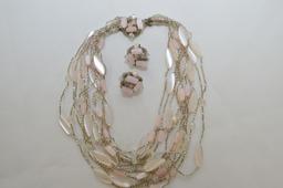 Set Of Pale Pink Cateye Type Necklace And Clip Earrings - Rendome