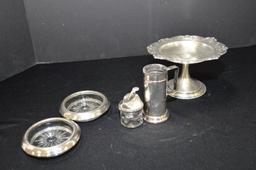 Sterling Silver Stemmed Mint Tray, Cigarette Lighter And 2 Crystal & Sterli