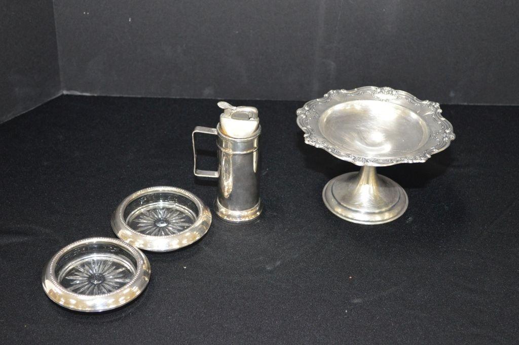 Sterling Silver Stemmed Mint Tray, Cigarette Lighter And 2 Crystal & Sterli