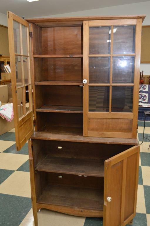 Panneled Glass Kitchen Cabinet W/ Tongue & Groove Back, 3 Shelves, Double D