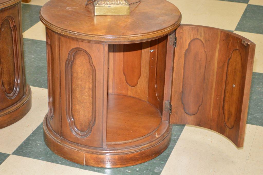 Pair Of Round Paneled Barrel Shaped Side Tables W/ Storage