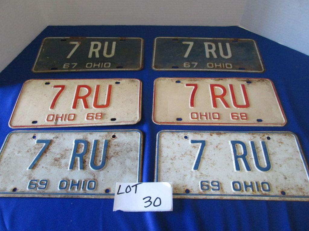 3 Pairs Matching Numbers Ohio License Plates 1967, 1968, 1969